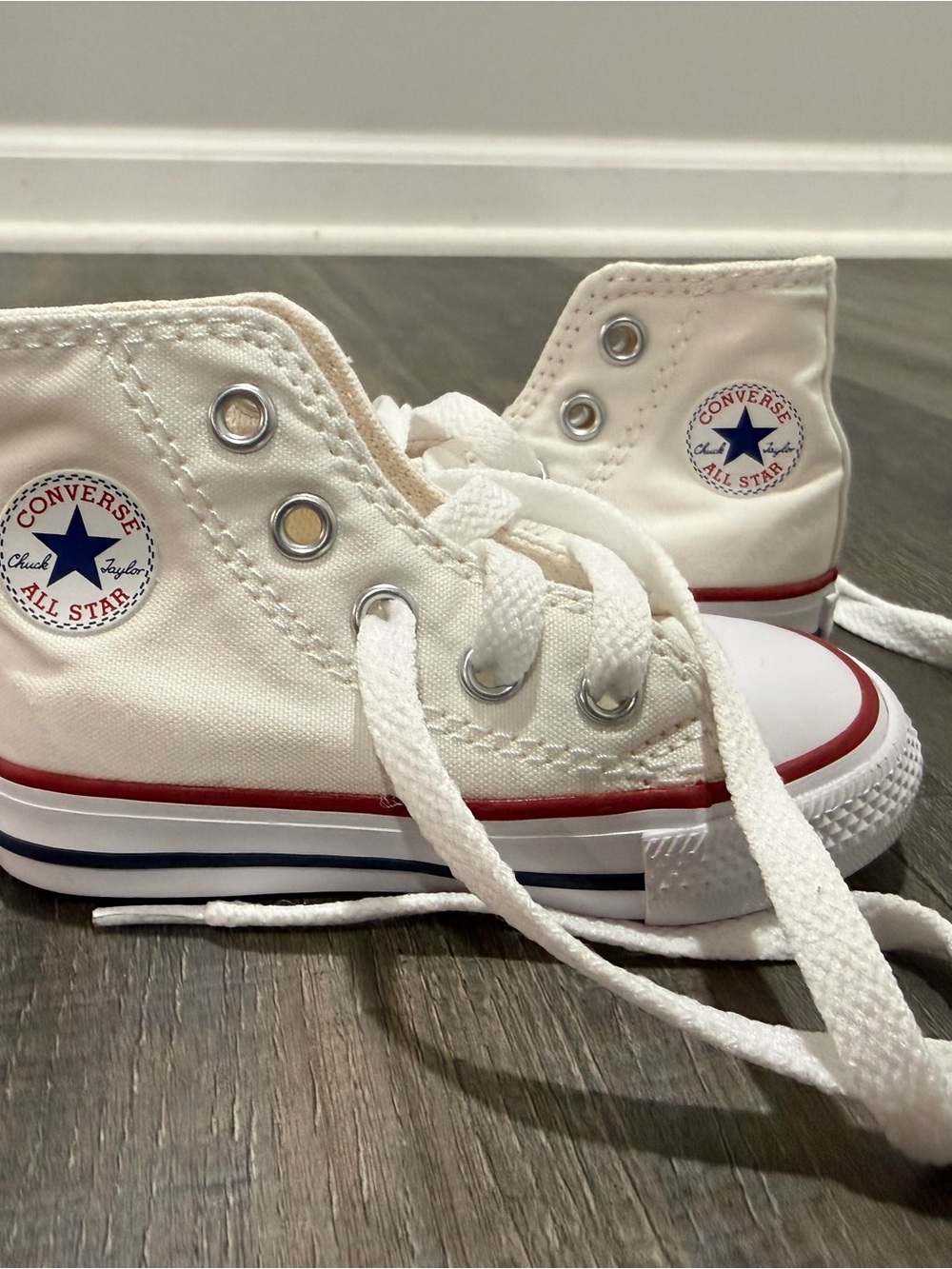 Converse Kids White High-Top Sneakers with Red & Blue Stripes